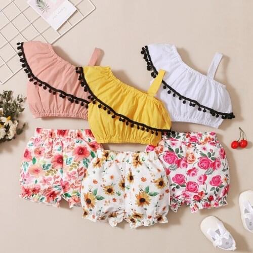 Summer Toddler Girl Outfits Baby Cute Infant Clothes Sets One Shoulder Solid Knit Sleeveless Vest Tops Flroal Print Shorts 2pcs
