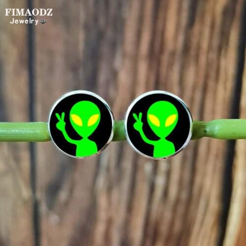 FIMAODZ Cute Green Alien Stud Earrings for Girls Glass Crystal Earings Fashion Jewelry Birthday Party Gift