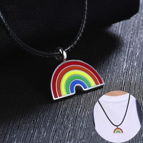 Mens Rainbow Necklaces for Women Stainless Steel Pendant with 24" Leather Rope Chain Gay & Lesbian LGBT Pride Jewelry