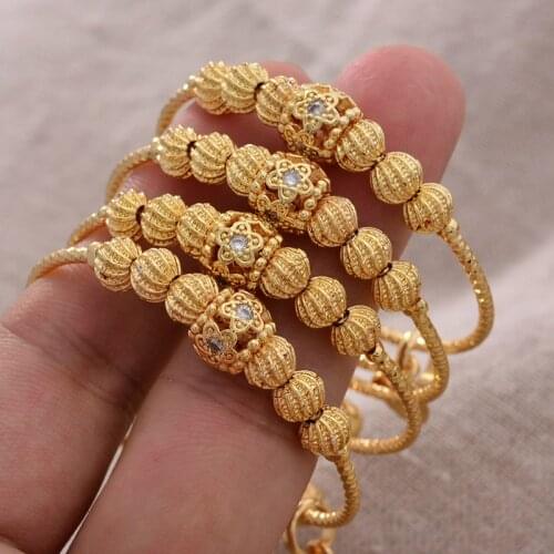 24K 4pcs Small Bangle for Girls/Baby Gold Color Charm Ethnic Bracelet Bell Hollow Beads Jewelry For Child Party Gifts
