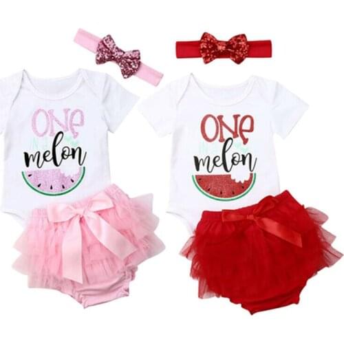 Toddler Girl Clothes Newborn Baby Girl Clothes Watermelon Jumpsuit Short Sleeve Bodysuit+Lace Tutu Shorts +Headband Outfit