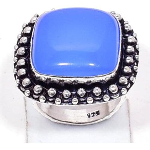 Genuine Blue Chalcedony Ring Silver Overlay over Copper, USA Size 7.25 , R6940