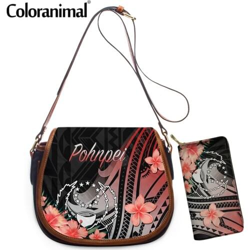 Coloranimal New Pohnpei Polynesian Plumeria Printing Crossbody Bag 2Pcs/Set Shoulder Bag&Wallet&Hasp PU Leather Messenger Bolsa