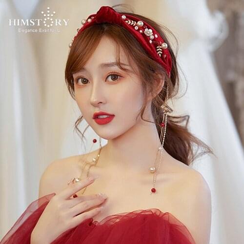 HIMSTORY Bridal Hair Jewelry Pearl Lace Headpieces Crown Red Headbands Tiaras For Bride Women Headdress Party Wedding Accessory