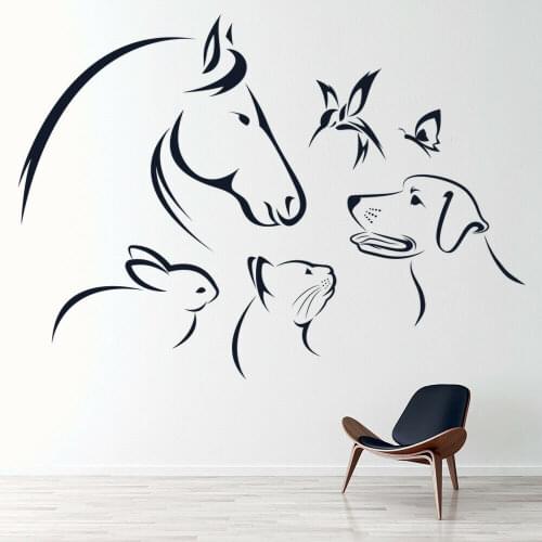 Dog Cat Horse Butterfly Bird Rabbit Wall Decal Multiple Animals Nursery Vinyl Stickers Wallpaper Bedroom Decor Kids Room A338