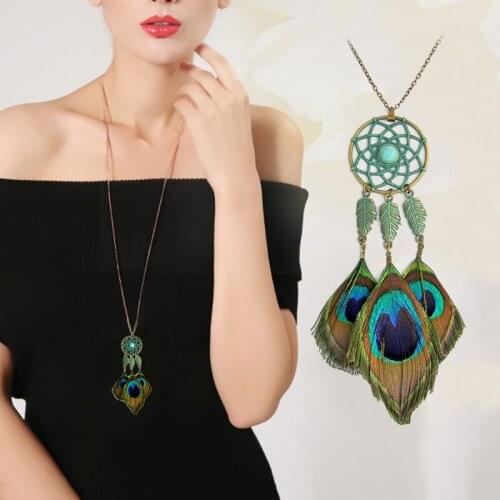Vintage Ethnic Boho Hollowed Dreamnet Crystal Peacock Feather Leaf Long Pendant Necklace Sweater Chain Jewelry For Elegant Women