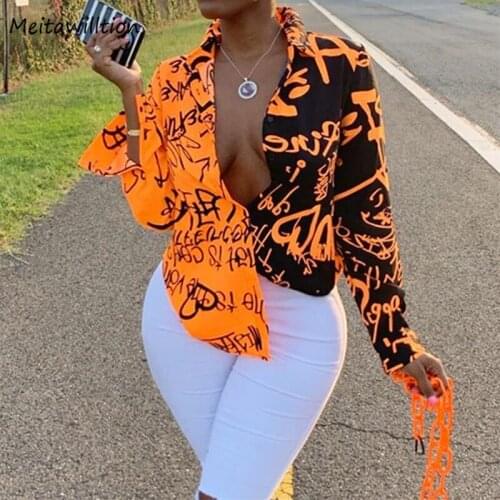 Women Letter Printed Gradient Color Blouse Shirt 2021 Casual Turn Down Collar Long Sleeve Tops Vintage Loose Office Shirts