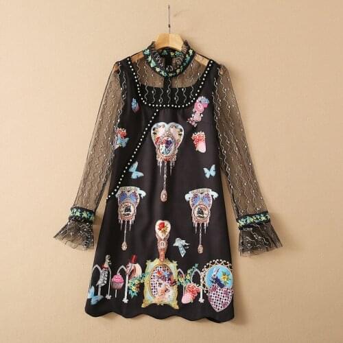 European and American womens wear for spring 2021 Mesh long sleeve stand collar Cartoon print nail beads Fashion dress