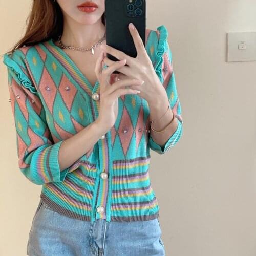 Hzirip 2021 Autumn Female Knitted Cardigan V-Neck Fashion Green All-Match Casual Gentle Ice Silk Hot Single-Breasted Short Top