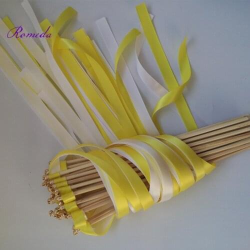 New arrived50pcs/lot yellow and white wedding ribbon stick wands with gold bell for wedding decoration