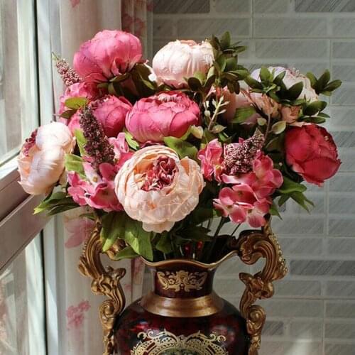 13Heads Silk Flower European Bouquet Artificial Flowers Fall Vivid Peony Decorative Flowers For Wedding Home Party Decoration