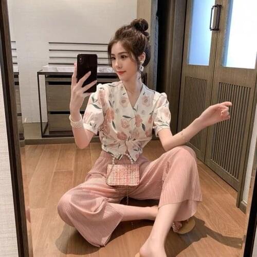 2021 Women Spring Summer Vintage Suit Female V-neck Short Sleeve Shirt + Wide-leg Pant 2 Piece Set Ladies Casual Sweet Sets F669