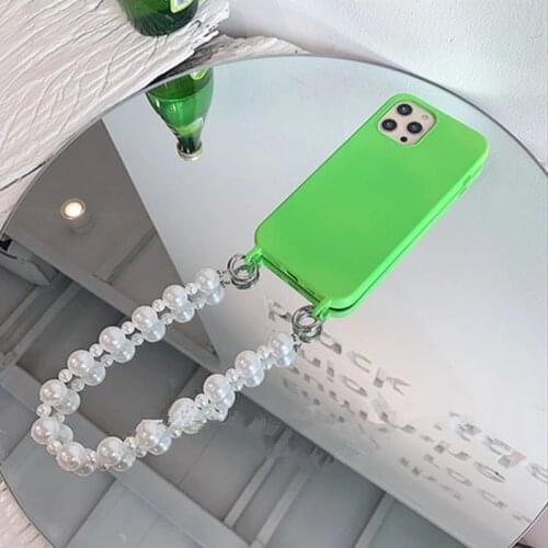 Wrist Chain Case for iPhone 12 Pro Max 7 8 XR XS Max SE 2 Solid Color Cases Cute Pearl Bracelet Chain Hanging Case for iPhone 11