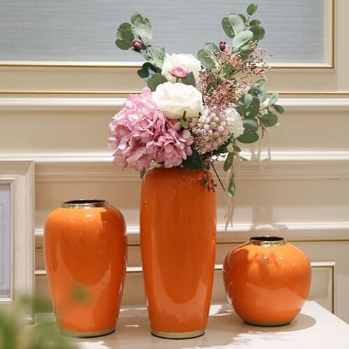 Jingdezhen Simple Ceramics Gold Line Orange Flower Vase Crafts Ornaments for Home Decoration