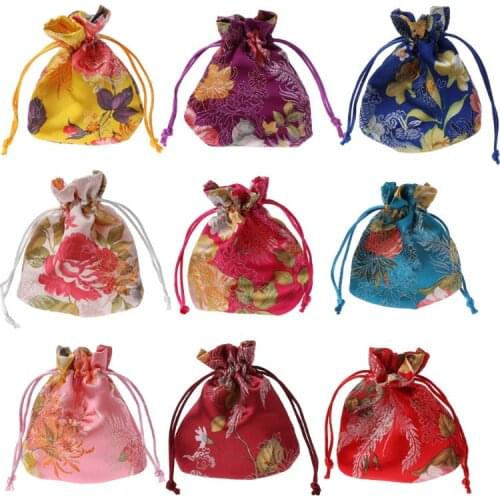 Classic Chinese Flower Embroidery Jewelry Bag Organizer Silk Traditional Pouch