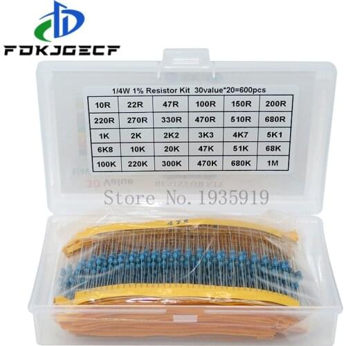 600PCS/LOT 1/4W Metal Film Resistor Kit 1% Resistor Assorted Kit Set 10 -1M Ohm hm Resistance Pack 30 Values each 20 pcs