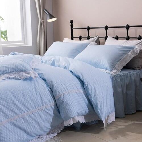 Pastoral embroidery ruffles bedsheet set blue plaid cotton bedding set ropa de cama bed sheets and pillowcases duvet cover set