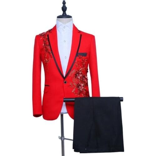 Chinese style red blazer men groom suit set with pants mens wedding suits costume singer star style stage clothing formal dress