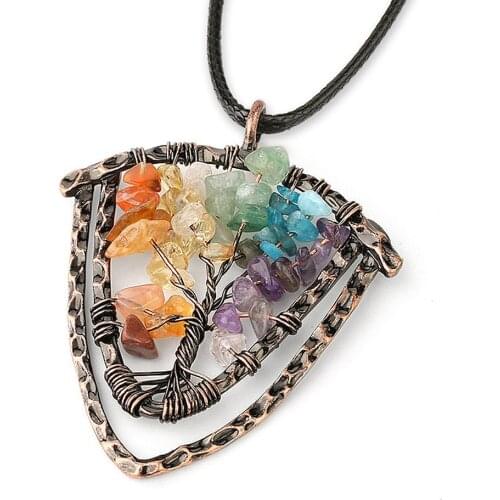 7 Chakra Crystal Jewelry Handmade Natural Stone Pendants Necklace Tree of Life Wire Wrap Chip Beads Vintage Bronze Plating Metal