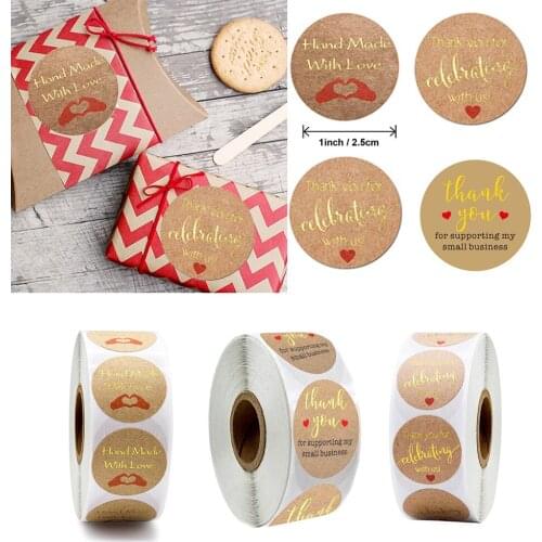 500 Pcs/Roll Gold Thank You Round Stickers Hand Made with Love Kraft Paper Labels Envelopes Gift Seal Label DIY Decoration