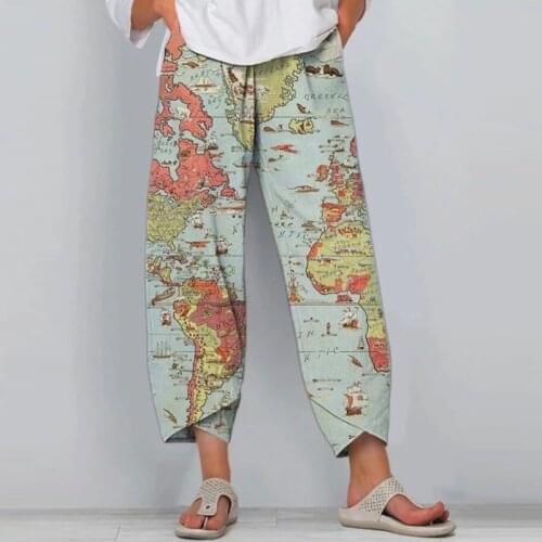 Summer Women Wide Leg Pantalon Pants Trousers Casual Elastic Waist Ankle-Length Pants Vintage Print Sports Straight Leg Trousers