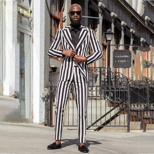 White Black Stripe Mens Suits 2 Pieces Wedding Prom Tuxedo Clothes for Groom Blazer Men Business Party Costume Homme Mariage