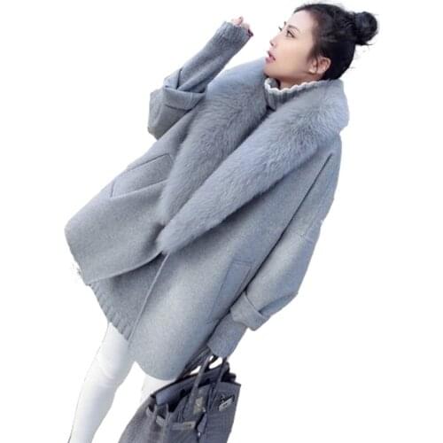 Autumn and winter womens new European and American fashion loose woolen cardigan large fur collar plus size coat AL180823