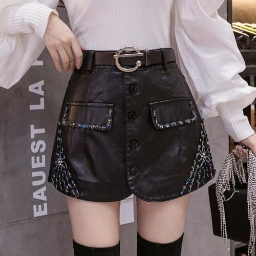 QoerliN Handmade Beaded PU leather Skirts Women High Waist Slim Skirt Mini Skirts Shorts with Lining A-line Saia Plus No Belt