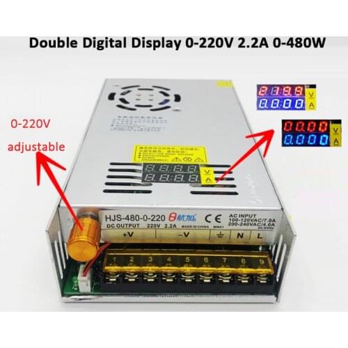 0-220V 2.2A 480W Double Digital Display Adjustable Switching Power Supply HJS-480-0-220 DC voltage regulator Transformer 220VDC