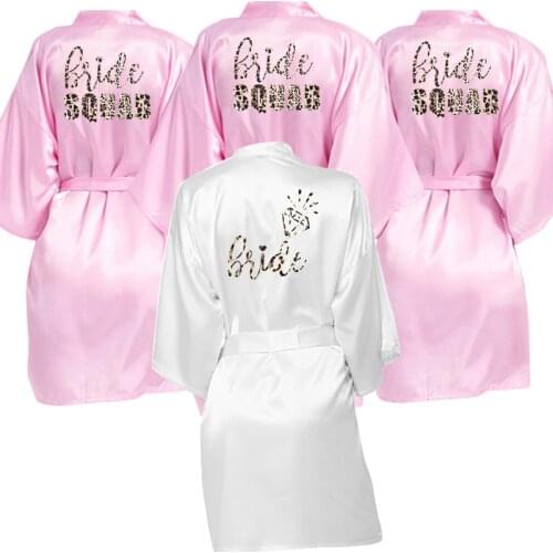 Bride Bridesmaid Wedding Robe Satin Robe Leopard Printing BRIDE&SQUAD Women Pajamas Robe Kimono Bathrobe
