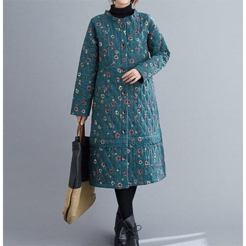 Elderly Ethnic Style Loose Cotton Padded Jacket Leisure Versatile Personality Floral Cotton Clip Long Round Neck Warm Trend Cott