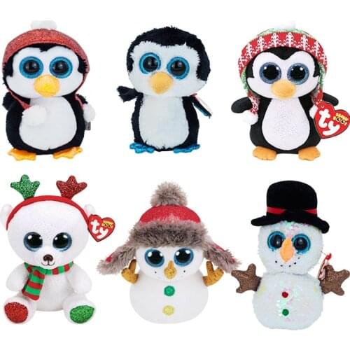 Ty Big Glitter Eyes Christmas Series Owl Dog Plush Stuffed Animal Collectible Hooded Penguin Doll Toy Christmas Gift 15cm