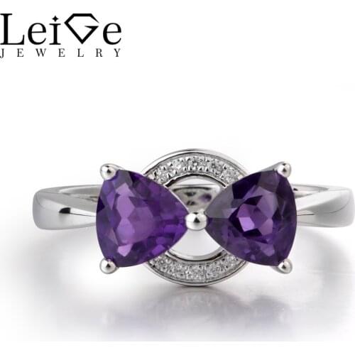 Leige Jewelry Real Amethyst Purple Color Two Stones Gem 925 Sterling Silver February Birthstone Trillion Cut Engagement Rings