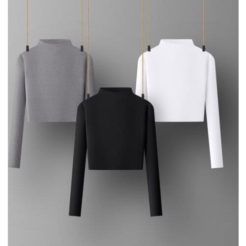 Women Cotton T-shirt Skew Collar Long Sleeve women shirt All match Lady Top Black White Gray Yellow Shir