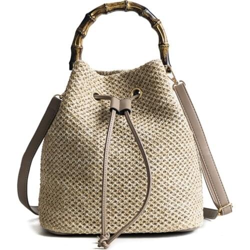 Womens Bag Summer Beach Straw Bags Classic Texture Drawstring Woven Bucket Crossbody Bag Causal Simple Shoulder Messenger Bag