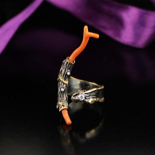 Womens Coral Gemstone Handmade Adjustable Ring,Woman Unique 925 Silver 18k Gold Plated Coral Branch Ring