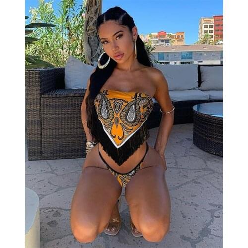 2 Pcs Women Sexy Bathing Suits Swimwear Adults Wire-free Padded Printed Boat Neck Fringe Bikini Tops + Thong Swimsuit