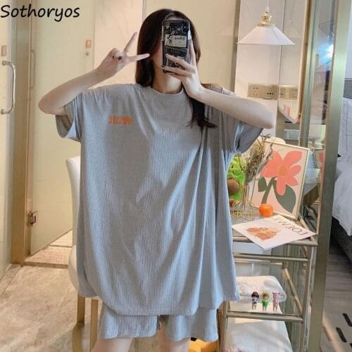 Women Pajama Sets Cartoon Printed Lovely Fashion Loose Casual Ulzzang O-neck Soft Cozy Breathable Chic Oversize Streetwear Teens
