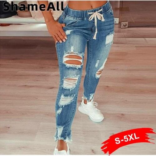 Plus Size Jeans Women 2021 European and American Style Ripped Skinny Jeans for Teen Girls