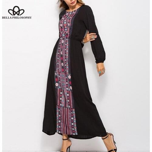 Bella Philosophy 2018 Autumn Winter Ladies Dress Women Ankle-Length MaxiDress Bohemian O-Neck Regular Empire AppliquesPrintDress