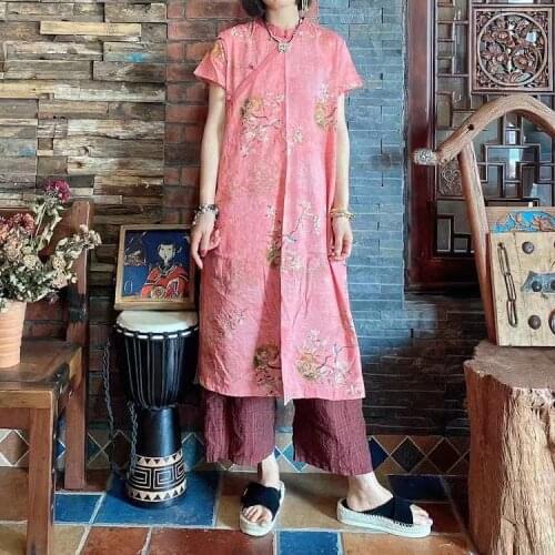 Johnature Women Chinese Style Print Floral Dresses Stand Short Sleeve Cotton Cheongsam 2021 Summer New A-Line Female Dresses