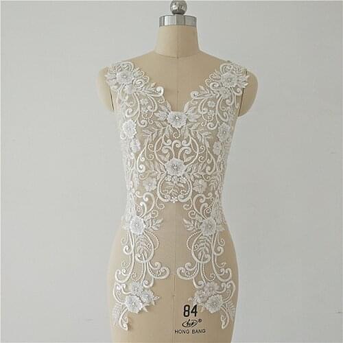 1Pc High-end Ivory Embroidered Beaded Sequins Chest Back Decorative Flower Apparel Skirt Wedding Dress diy Lace Applique Sewon