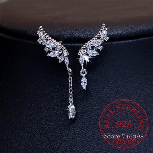 925 Sterling Silver Asymmetric Crystal Wings Drop Earrings For Women Fashion Jewelry Lady Statement Earrings Pendiente
