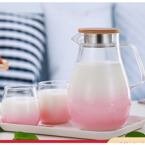 1.8L High Capacity Glass Water Juice Lemonade Jug Flower Tea Pot Hot/Cold Water Pitcher Heat-Proof Pink Gradient Office Teapot