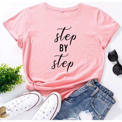 Graphic T Shirts for Women Cotton Short Sleeve Tee Female Shirt Tops Summer Casual Print Clothes Gifts Step By Step Black Font