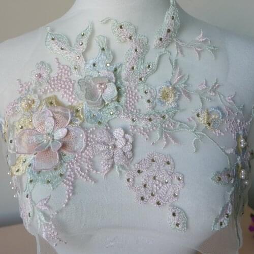 One Piece 30*23cm 3D Flower Colorful Mesh Embroidered Pearl Beaded Lace Applique With Sequins DIY Lace Fabric Trim