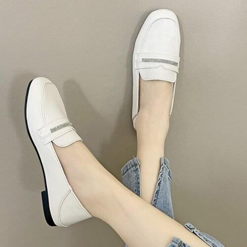 Big Size 35-43 Women Loafers White Slip on Flat Shoe Black Leather Casual Shoes Ladies Square Toe Boat Shoe Zapatos Mujer 9285L