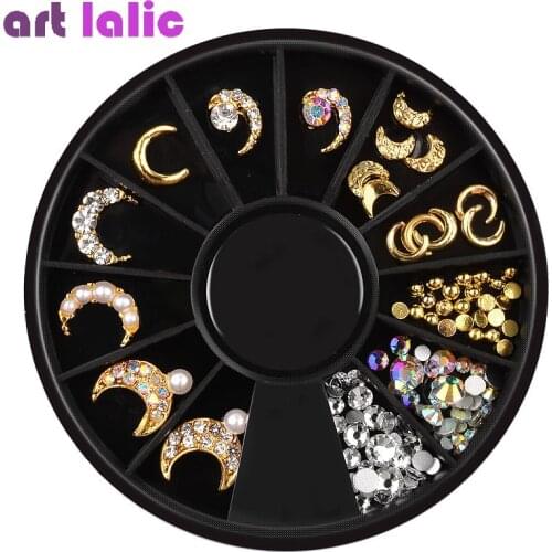 Wheel Metal Moon Shape Glitter Pearl Crystal Tips Gem Rhinestone Decoration DIY Design Alloy UV Gel Polish Manicure Gem Nail Art