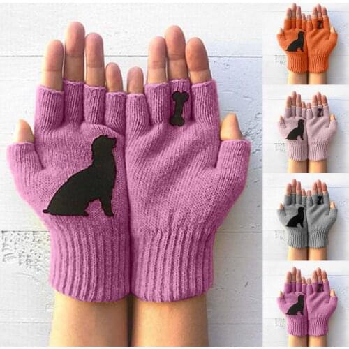 Fashion Knitted Half Finger Gloves Women Outdoor Warm Cute Cartoon Puppy Bone Printing Gloves Half Finger Mittens Gift Cute