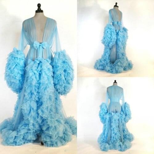 Sexy Women Sleepwear Bath Robes Long Sleeve Illusion Tulle Bride Pajama With Ruffle Night Gowns Dresses